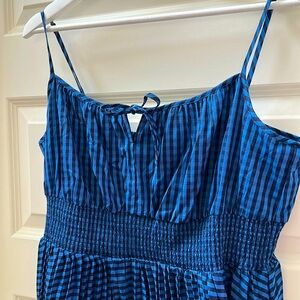 NWOT J Crew Blue Lace Dress Pleated Skirt Spaghetti Straps picnic checkered 16